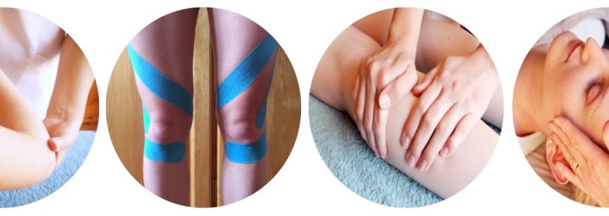 Four circular images side by side showing Cambridge Osteopathy treatments including osteopathy treatment to the arm, kinesio tape applied to the legs, sports massage on the legs and osteopathy treatment to the head and neck